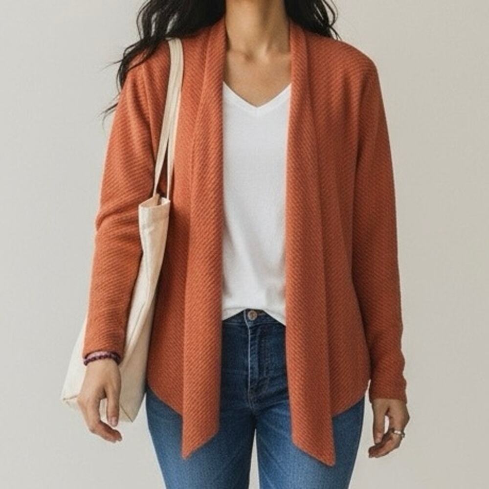 Eileen Fisher wool open cardigan ribbed waffle textured knit burnt orange 3x